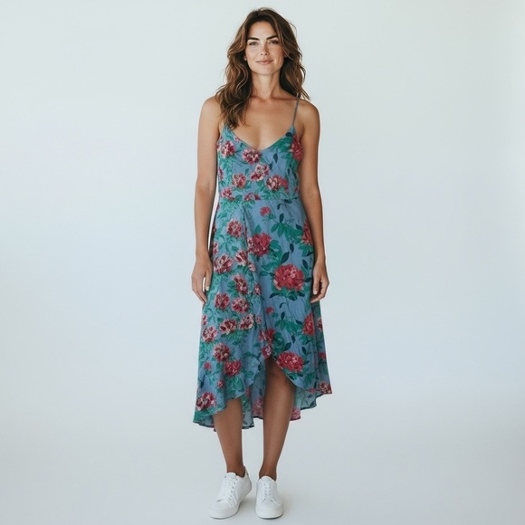 Zara Dresses & Skirts - Zara Blue Dress with Red and Green Floral Pattern